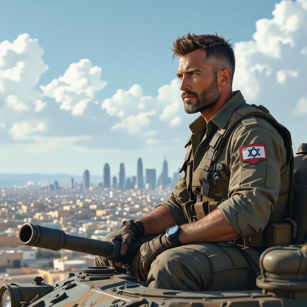 Israeli Soldier on Tank Gazing at Gaza: Fantasy Concept Art