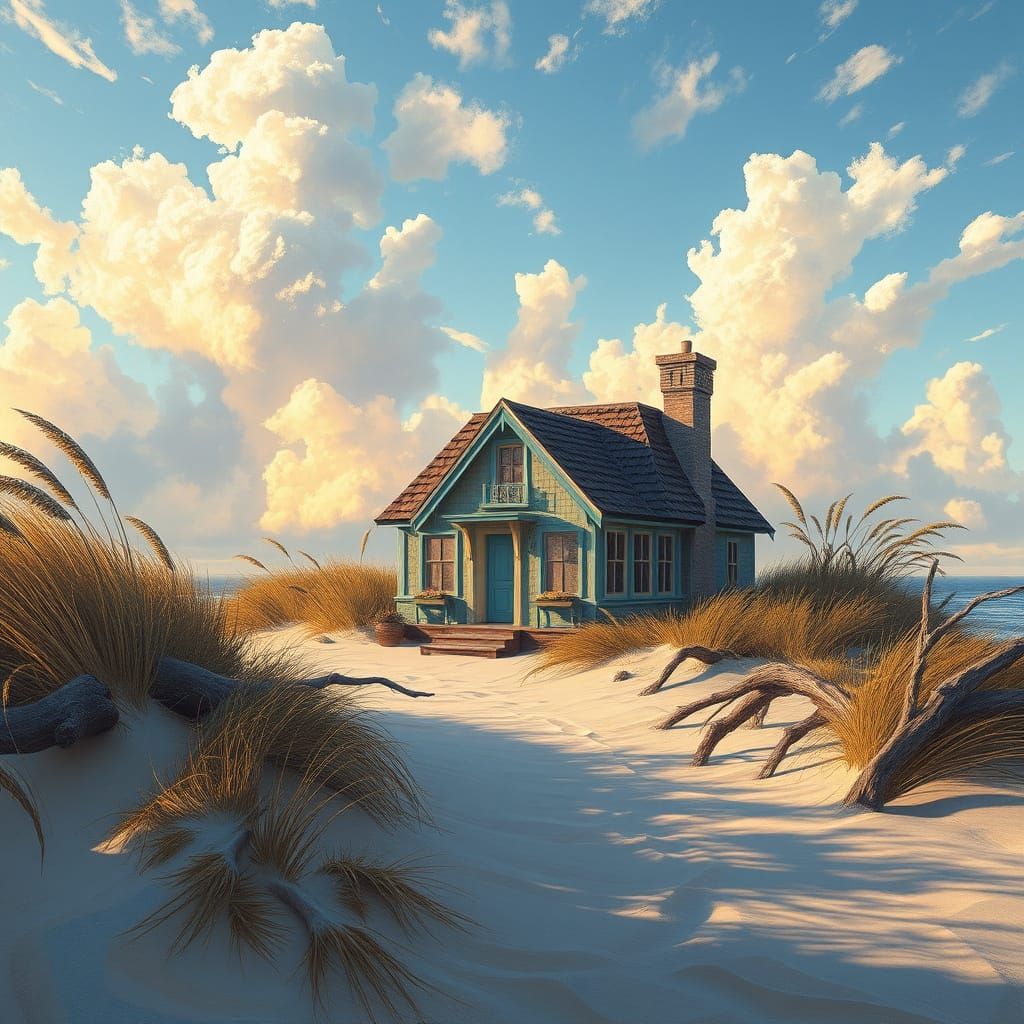Serene Seaside Cottage in Impasto Oil Painting Style