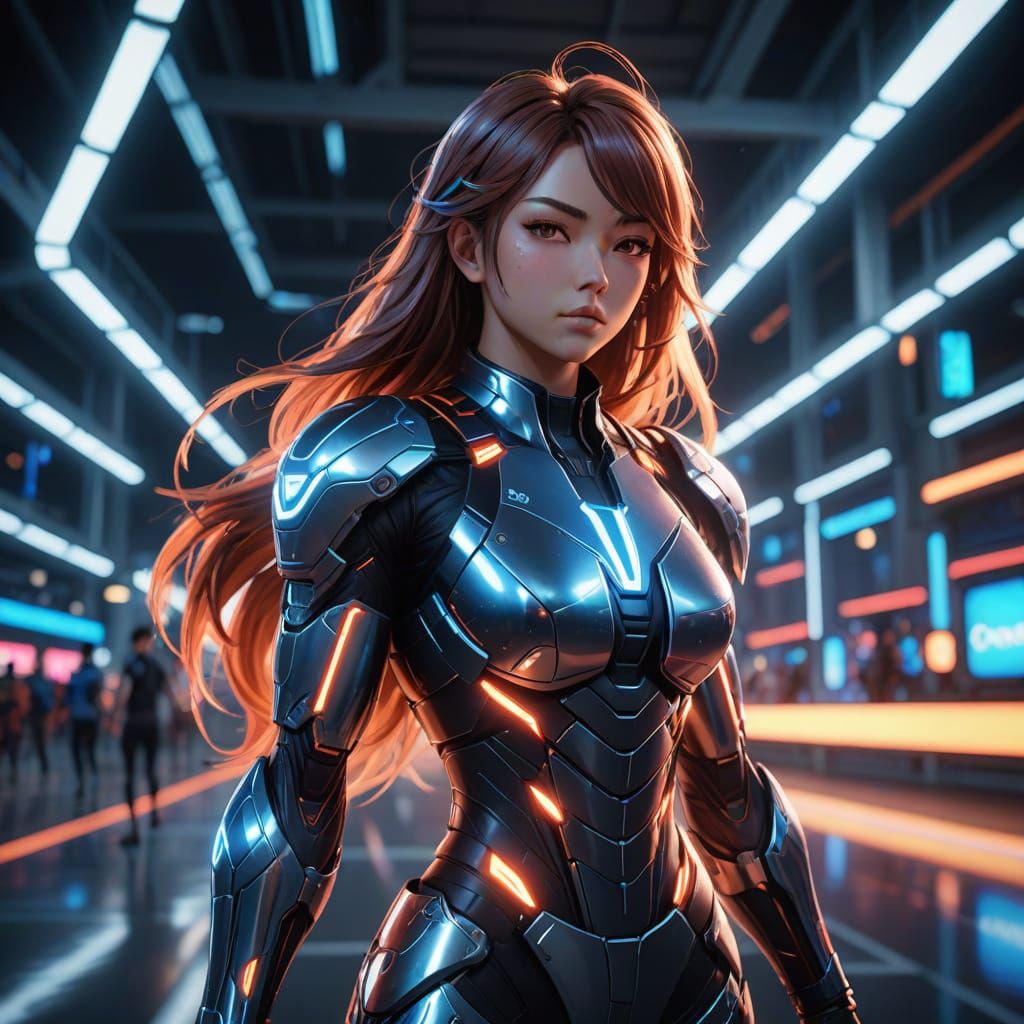 Surreal Anime Athlete in Futuristic Stadium