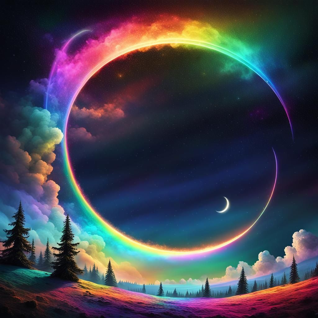 Cosmic Rainbow Over Starry Sky in Dark Art Style