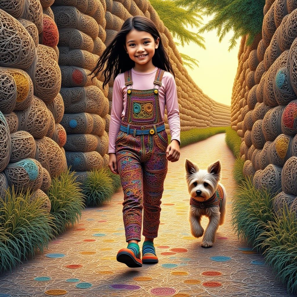 Joyful Girl in String Overalls Walks by Stony Hill