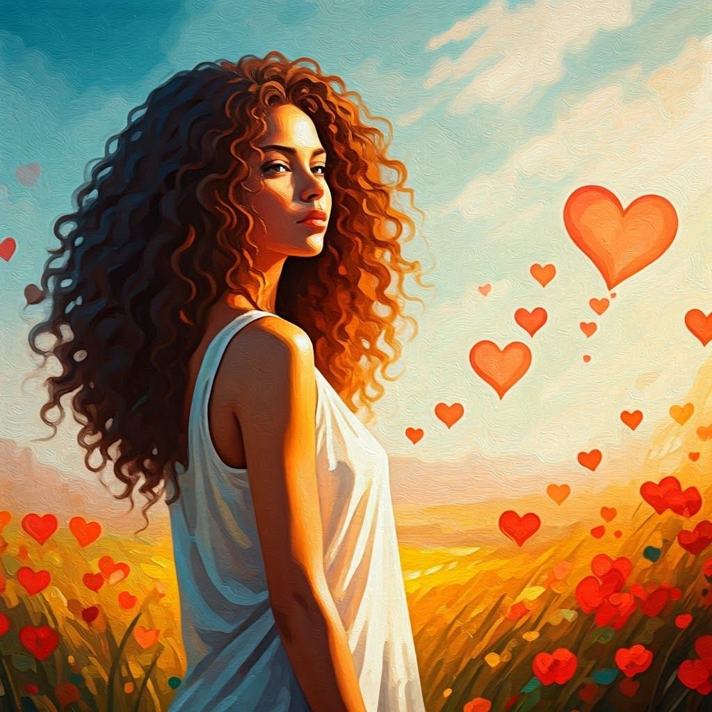 Ethereal Goddess of Love Amidst Dancing Hearts