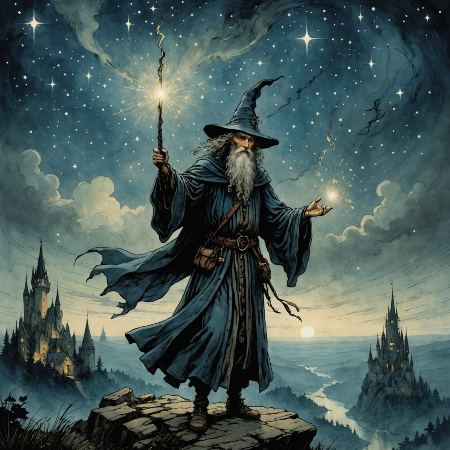 Whimsical Wizard Amidst Celestial Wonders