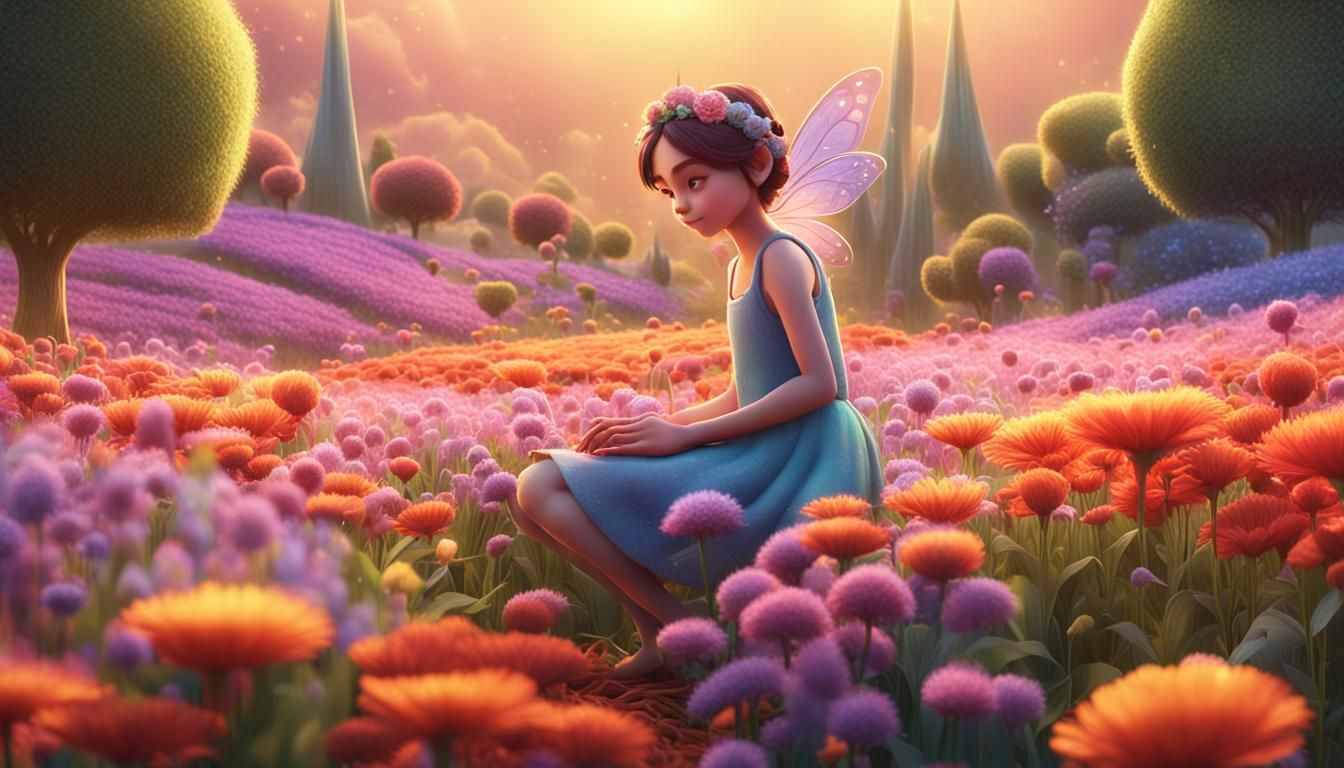 Pixar-Style Fairy Tending Flower Field