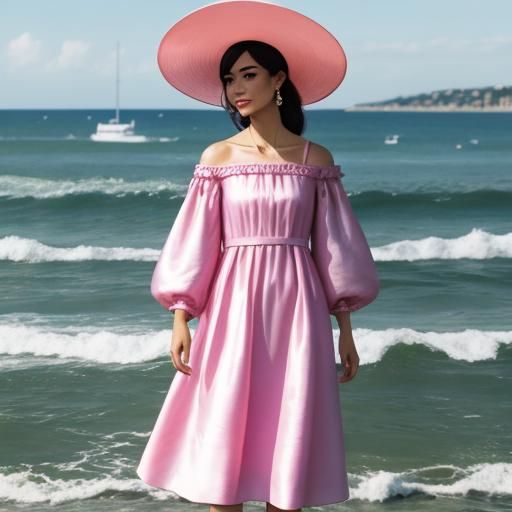 Woman in Pink Silk Dress by the Sea