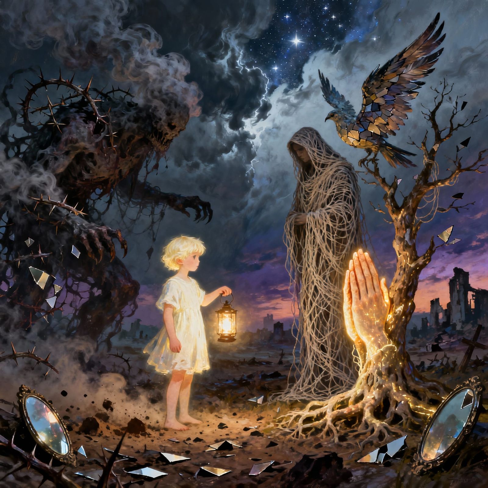 Mythic Allegory of Virtue vs Malice on Twilight Battlefield