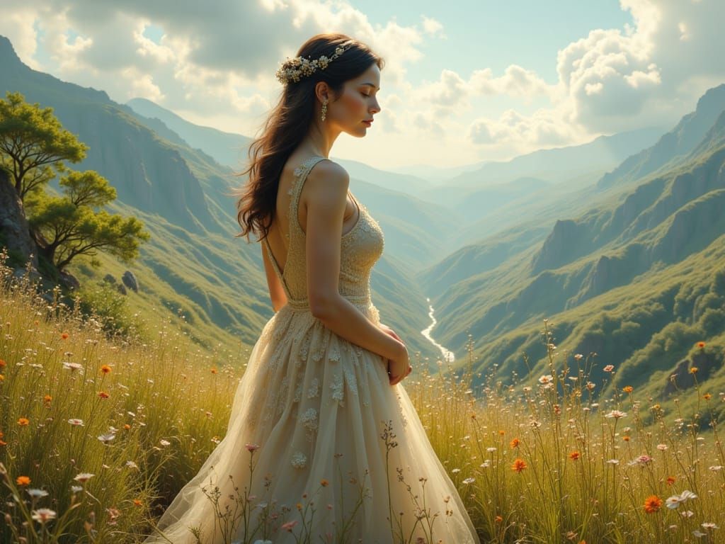 Elegant Woman in Serene Landscape, Digital Painting