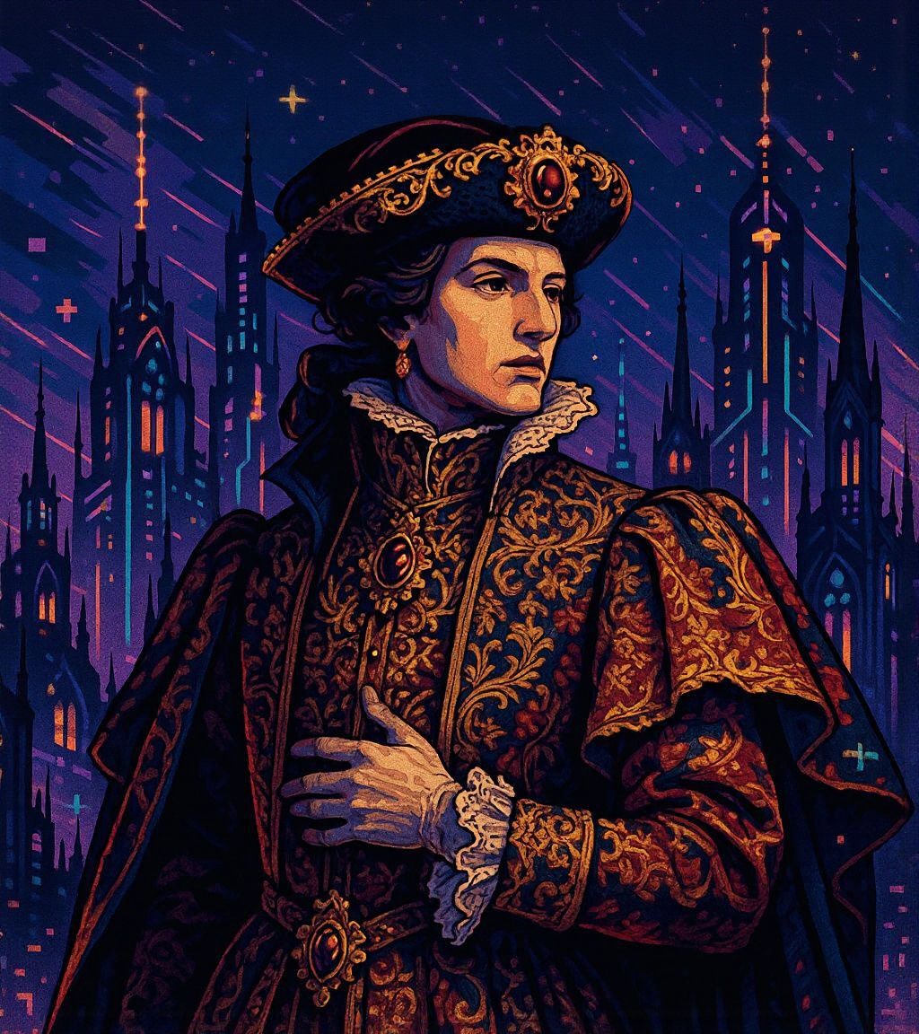 Baroque Gothic Noble in Retrofuturist Metropolis