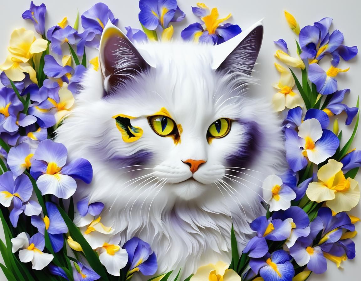 Oshibana Art: Cat Made of Blue & Yellow Blue Iris Flowers ππΌπ