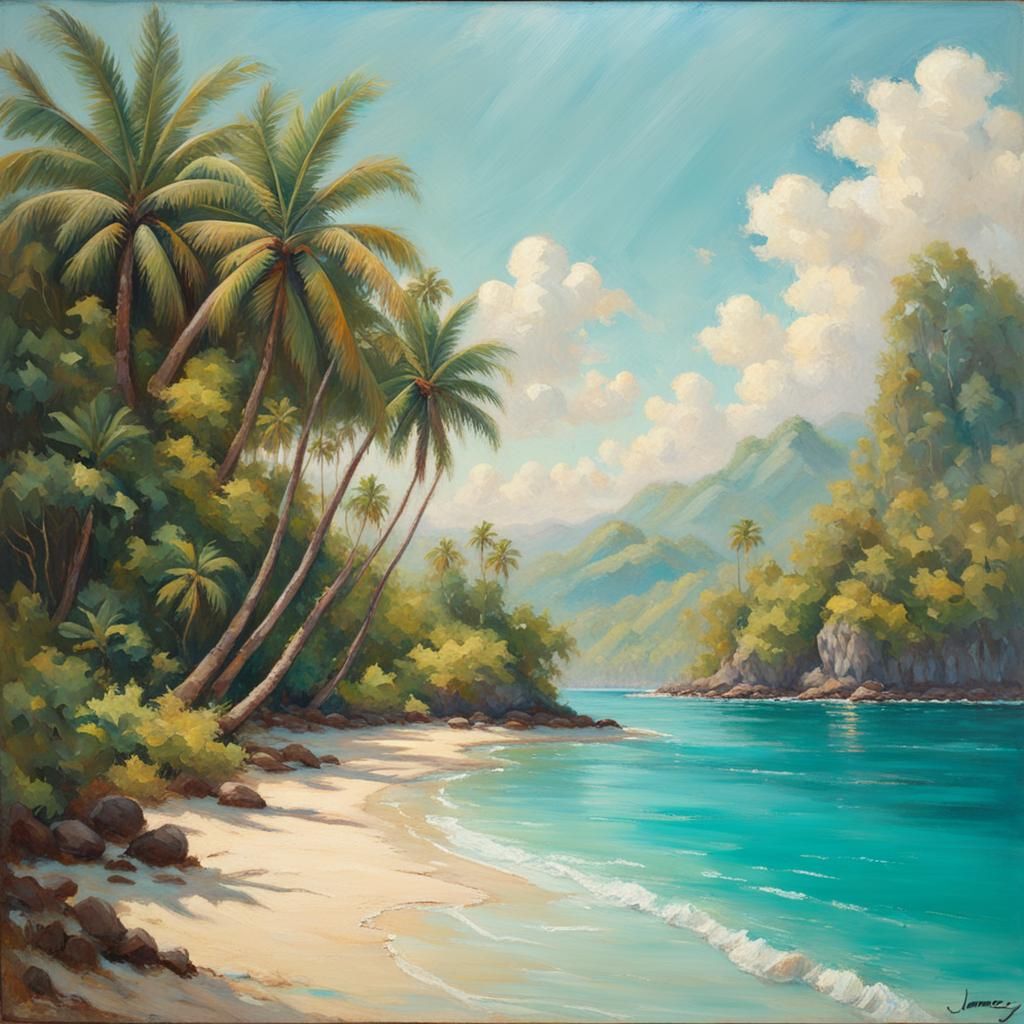 Tropical Island Beach in Golden Age Illustration Style