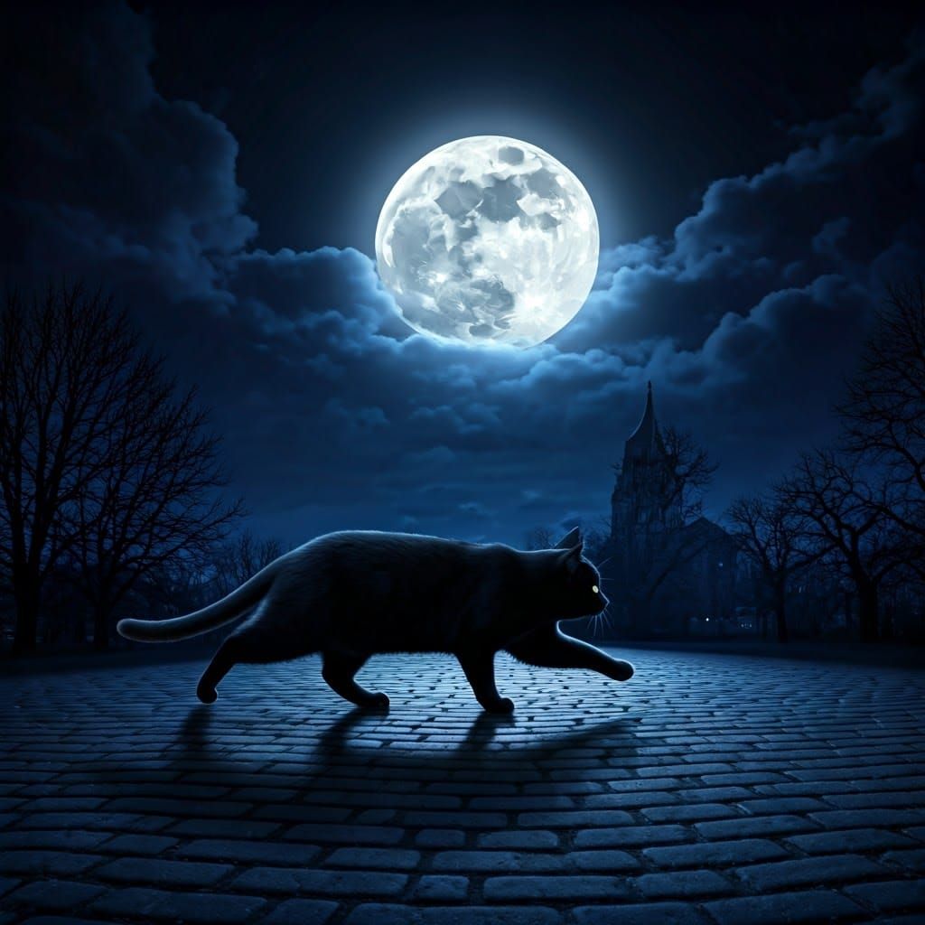 Black Cat Crossing Before a Mystical Full Moon