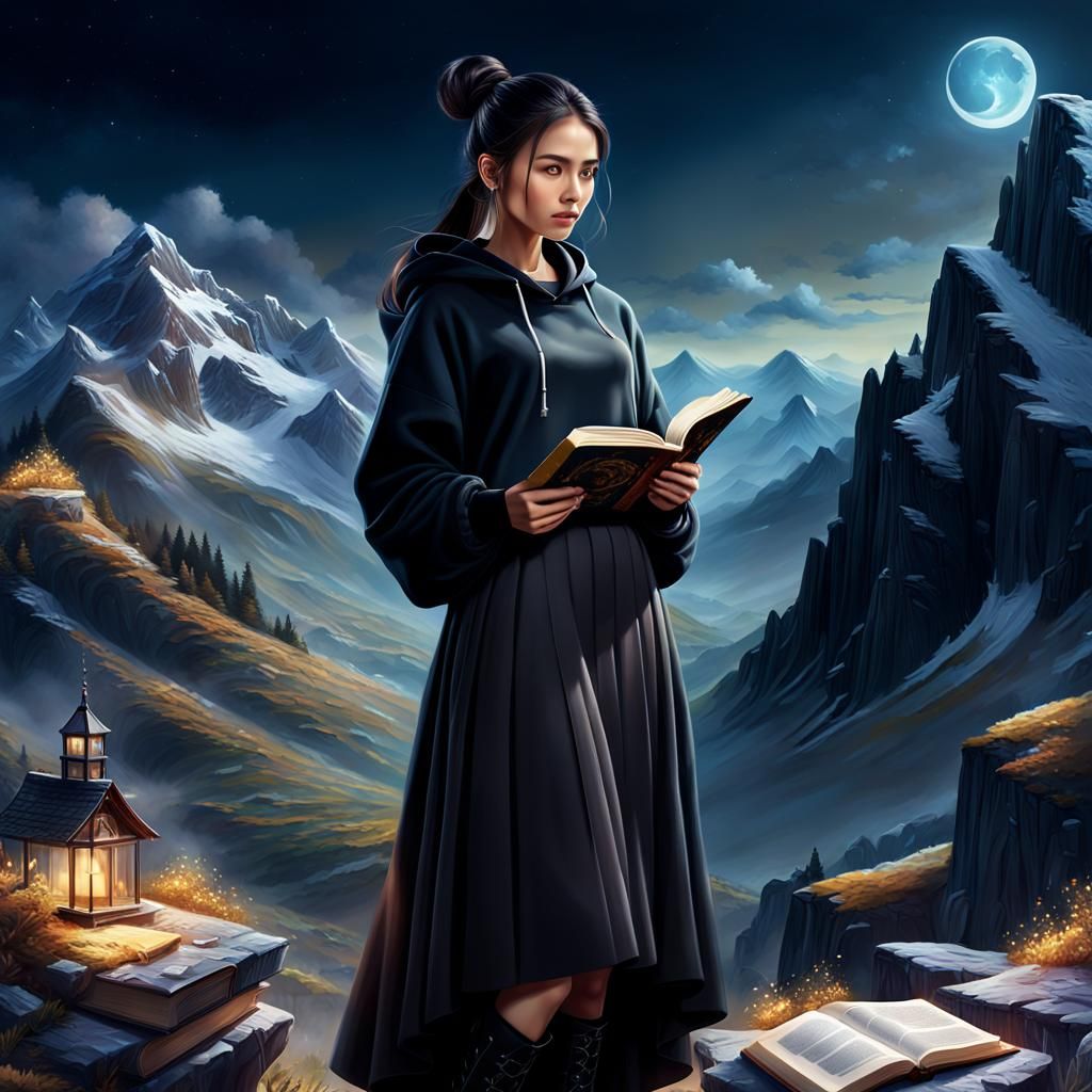 Woman Reading on Mountain: Hyperdetailed Matte Painting