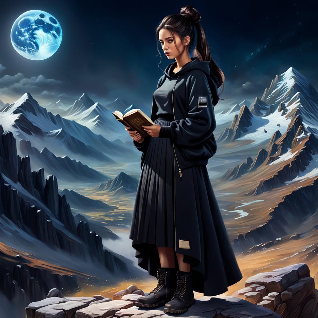 Woman Reading on Mountain: Detailed Fantasy Concept Art