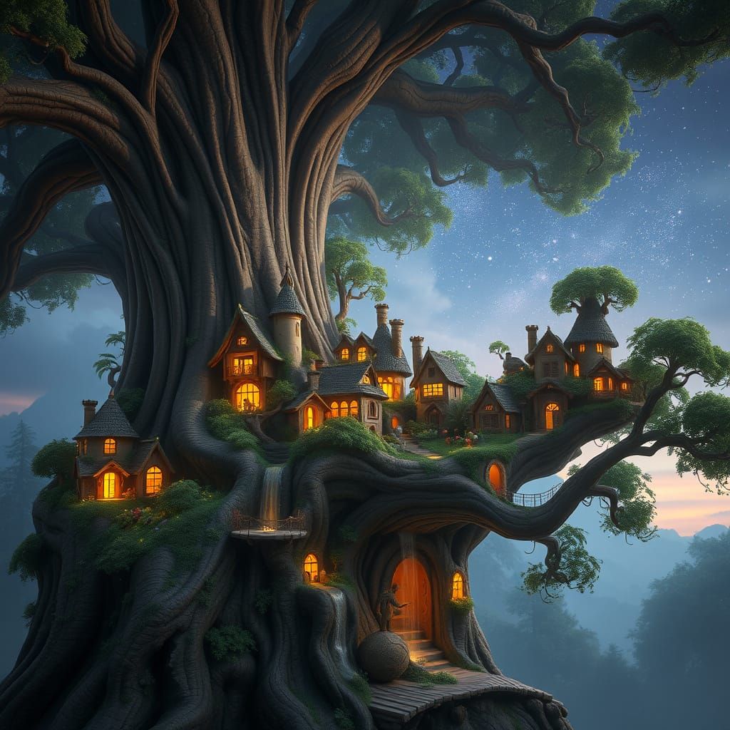 Whimsical Ancient Tree Metropolis in Fantasy Style