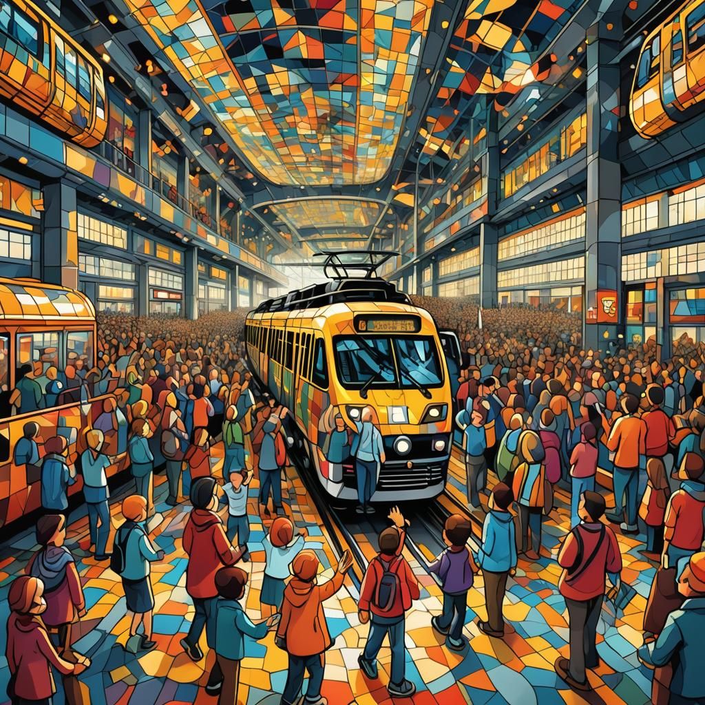 Vibrant Geometric Airport Scene in Abstract Fractal Art