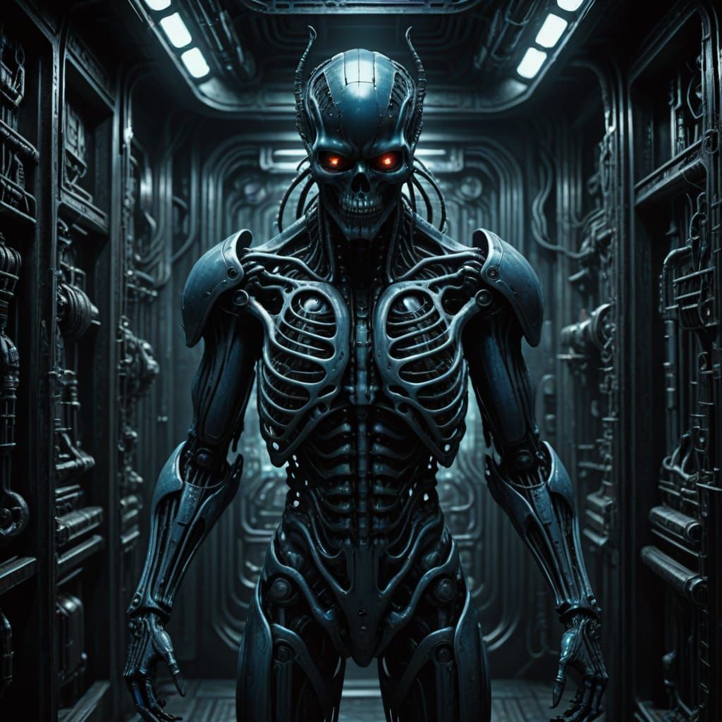 Biomechanical Figure in Neon-Lit Darkness