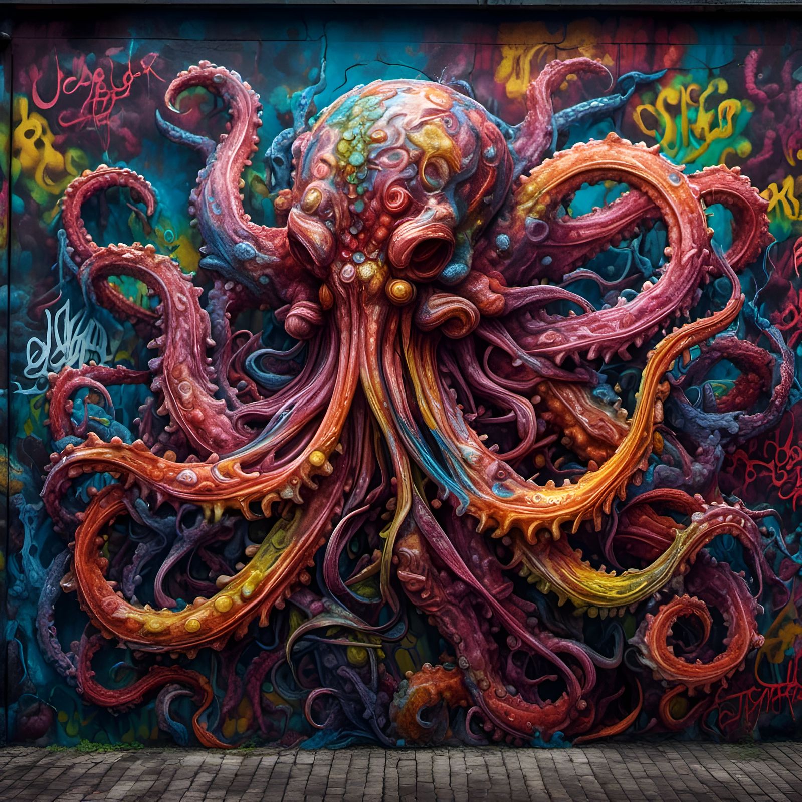 Hyperrealistic Kraken Graffiti Art in 3D