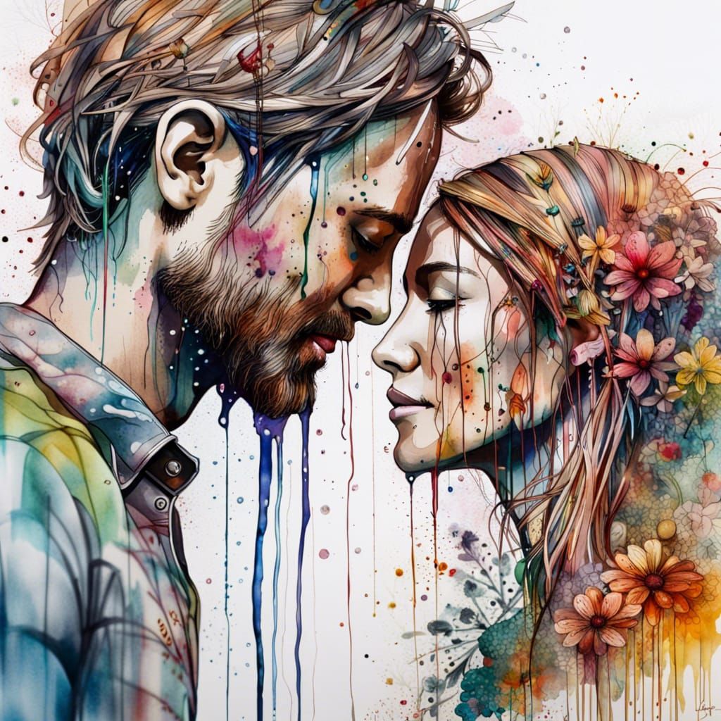 Romantic Watercolor Painting of a Couple in the Rain