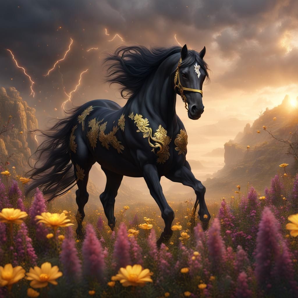 Black Horse with Golden Lightning and Flowers