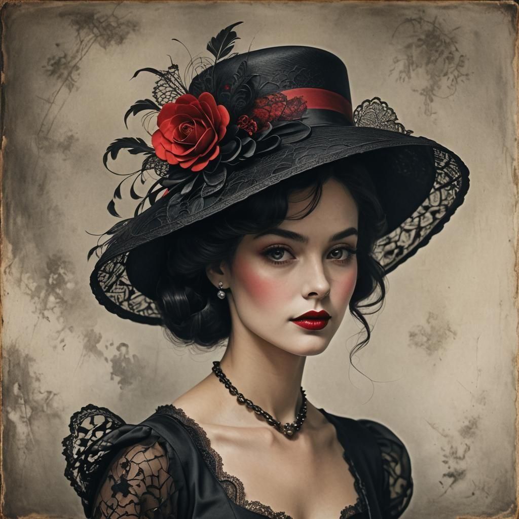 Elegant Woman in Black Hat, Vintage Style