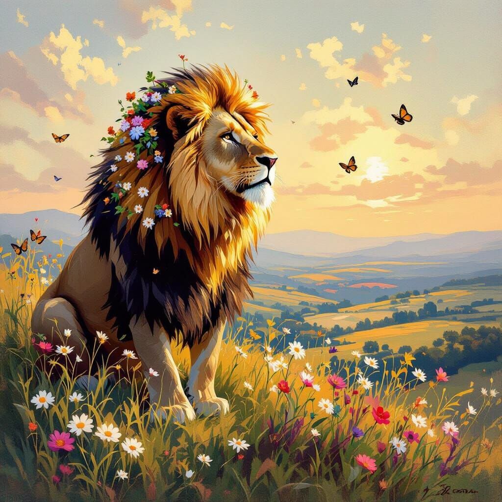 Majestic Lion with Wildflower Mane: Impressionist Style