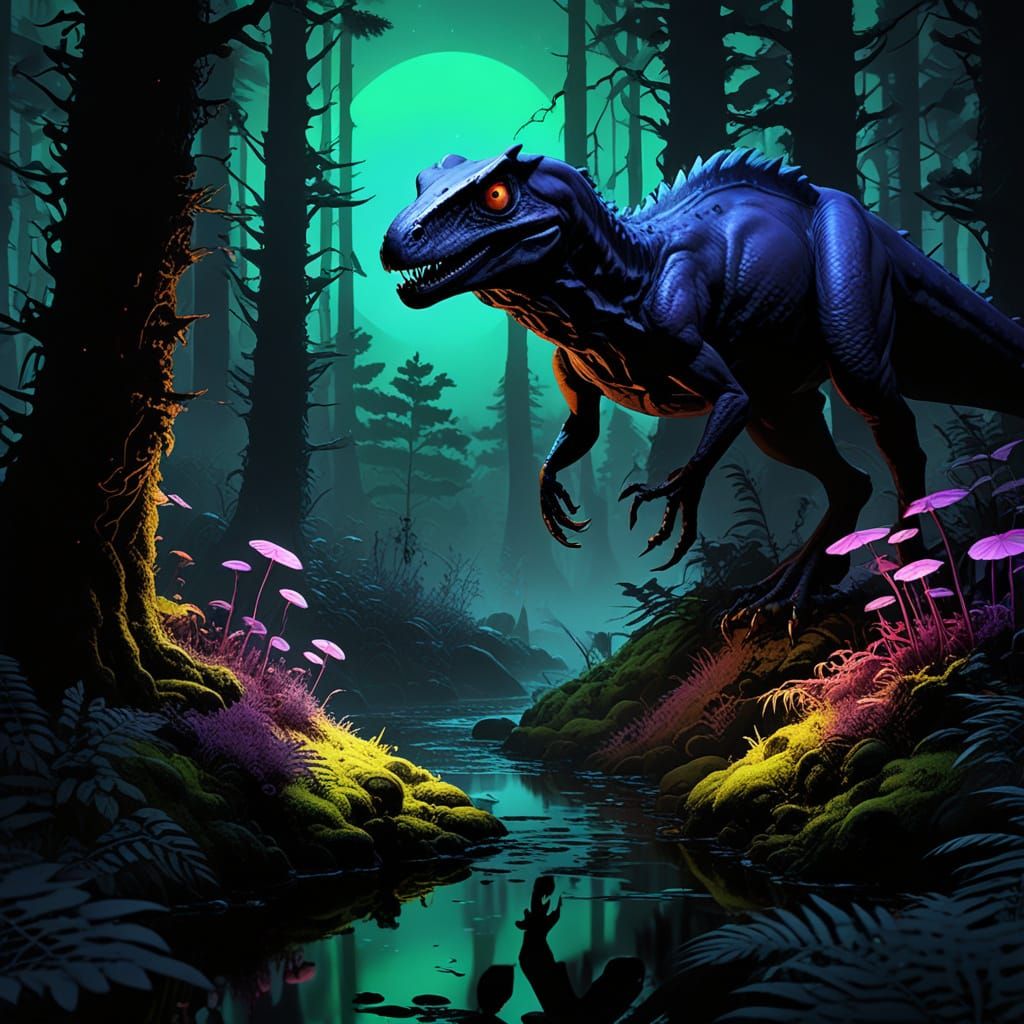 Dark Fantasy Scene: Black Raptor Hunts Under Neon-Glowing Mu...