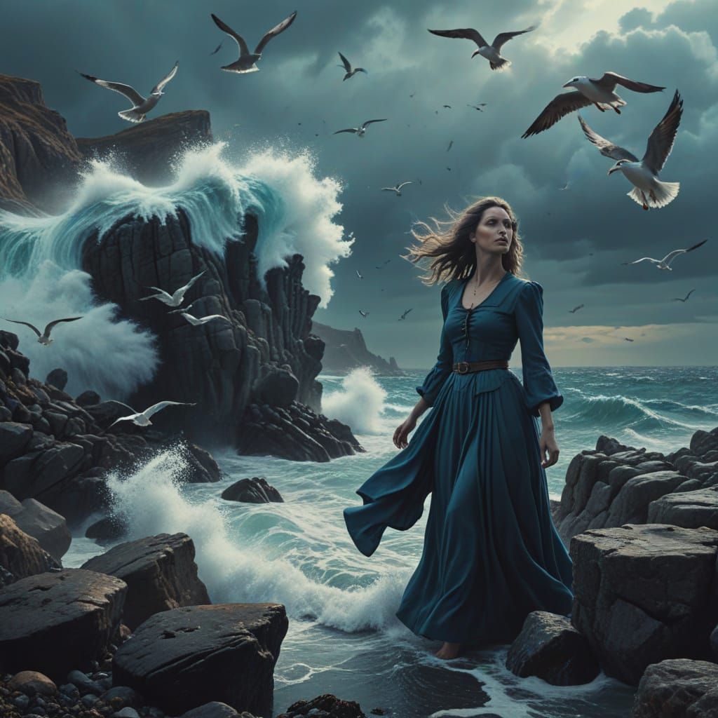 Witch Standing on Rocky Coast in Moody Blue Hues