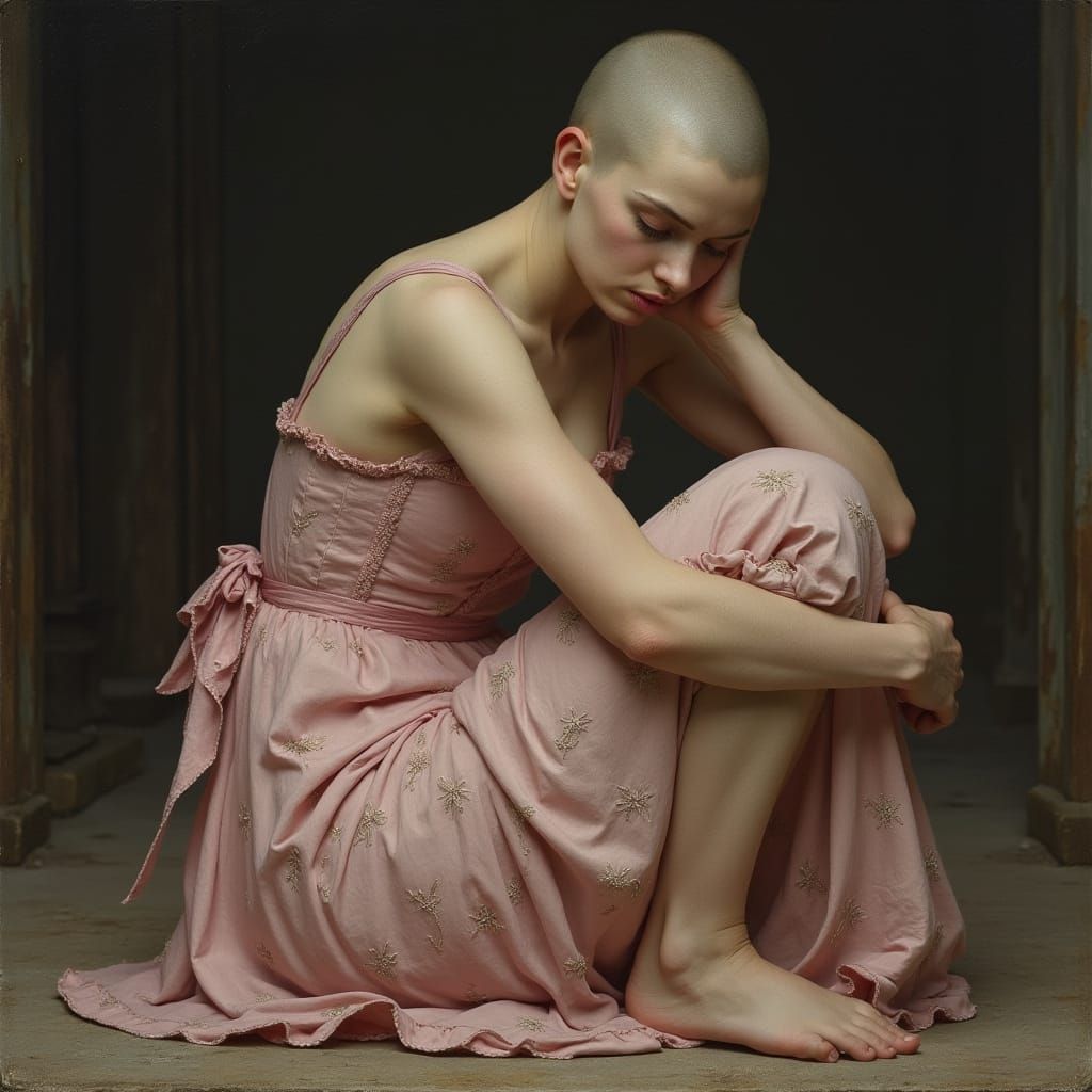 Pensive European Woman in Pink Dress, Painterly Style