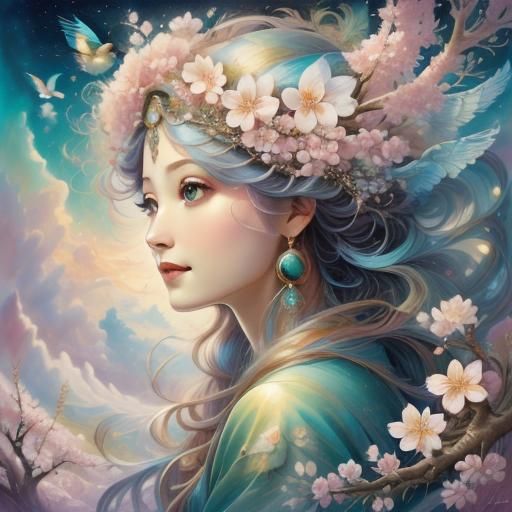Magical Girl with Cherry Blossoms Digital Art