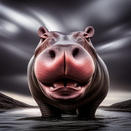 Hippo Exposes His Tongue in Hyperrealistic Portrait