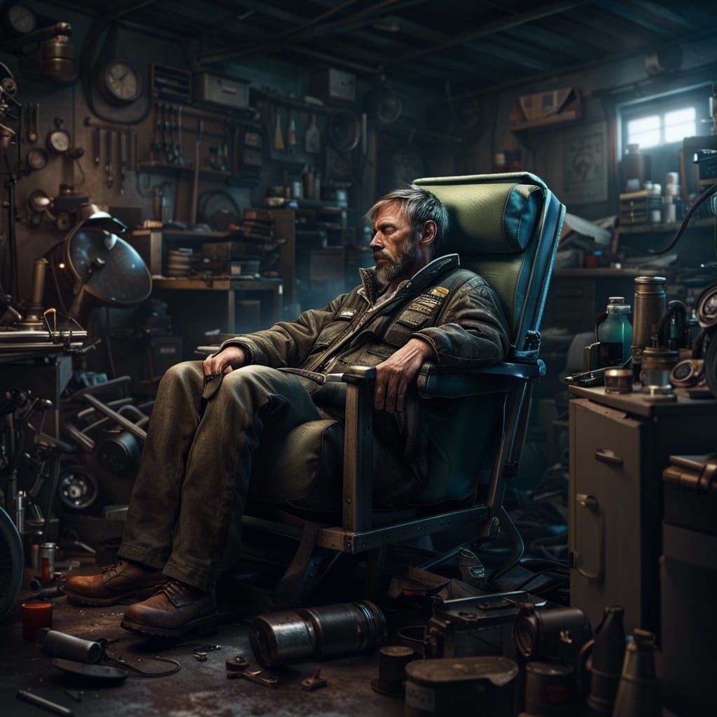 Hyperrealistic Mechanic Passed Out in Garage