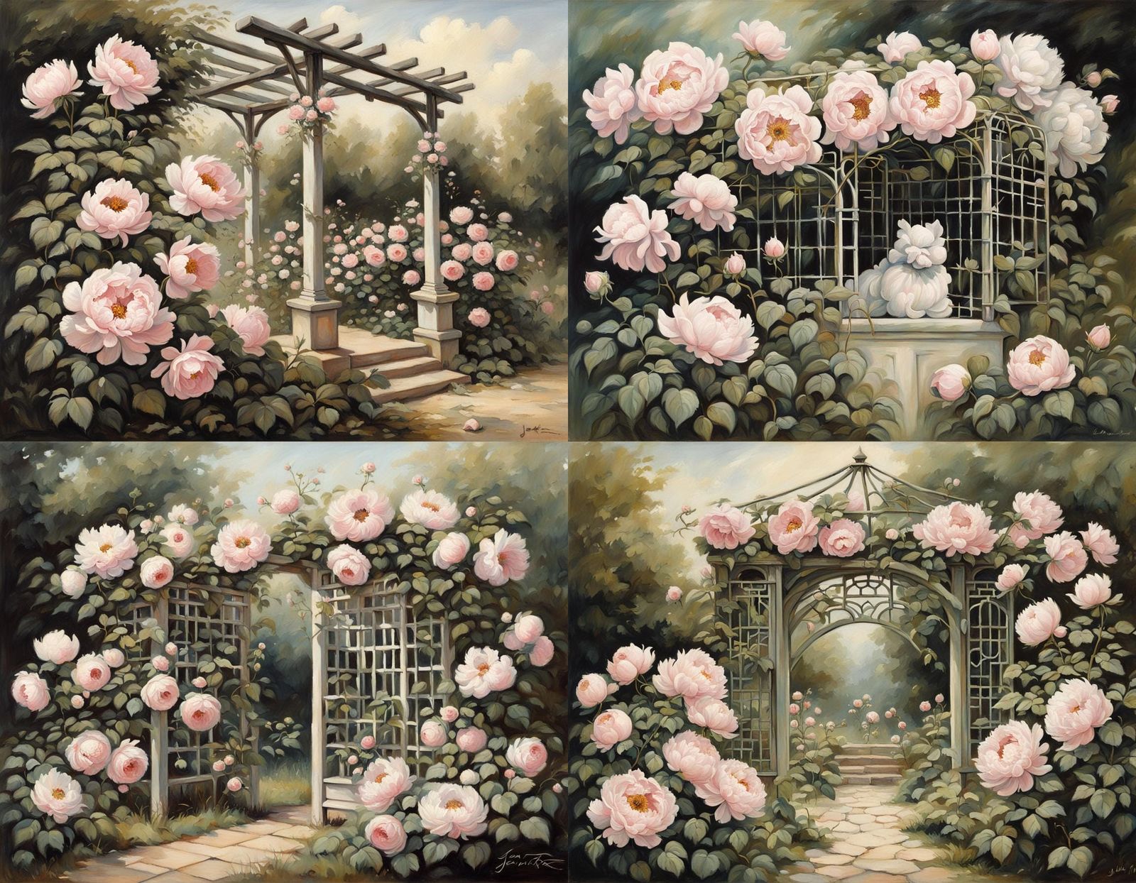 Whimsical Garden Trellis with Roses Oil Painting