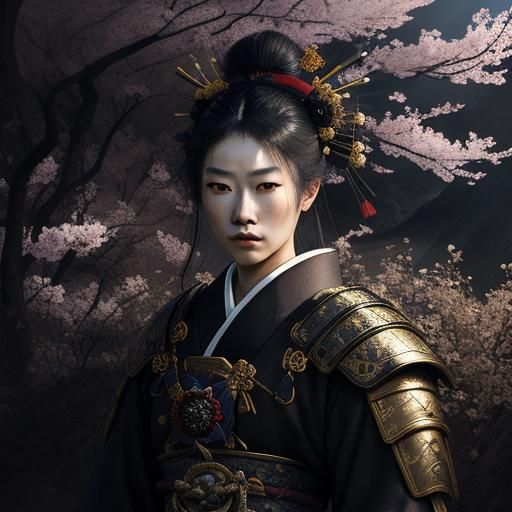 Geisha and Samurai in Dreamlike Baroque Oil Painting