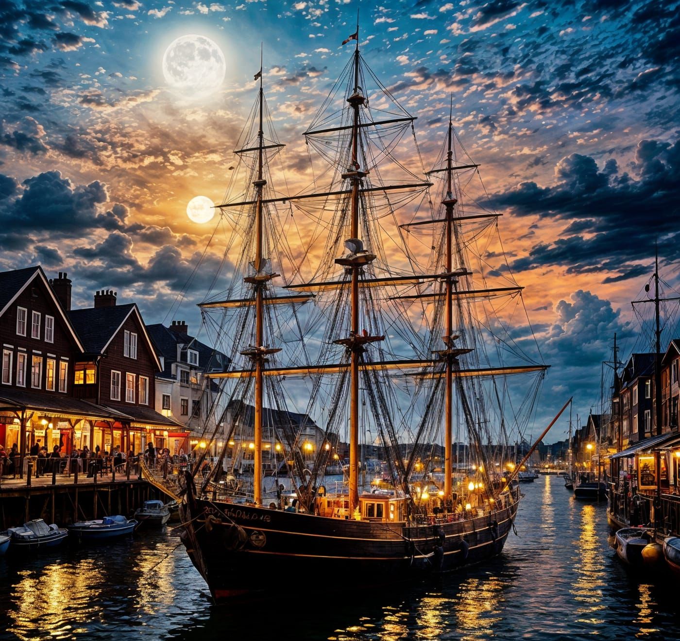 Vibrant Dockside Scene at Night with Tall Ship