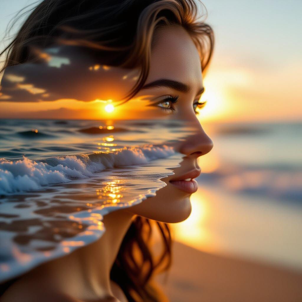 Woman's Profile Merged with Beach Sunset in Double Exposure