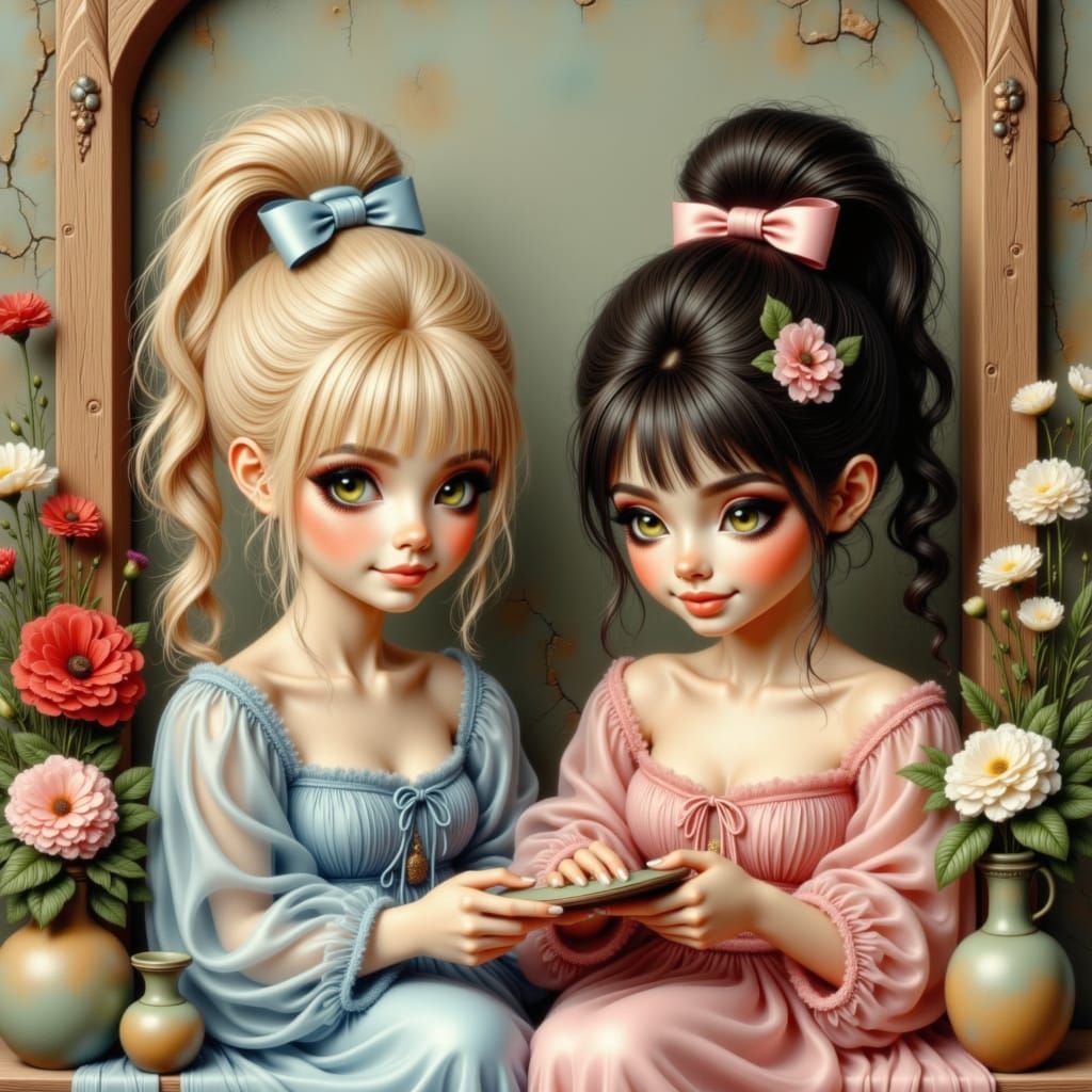 Two Young Women Embroidering in Volumetric Light