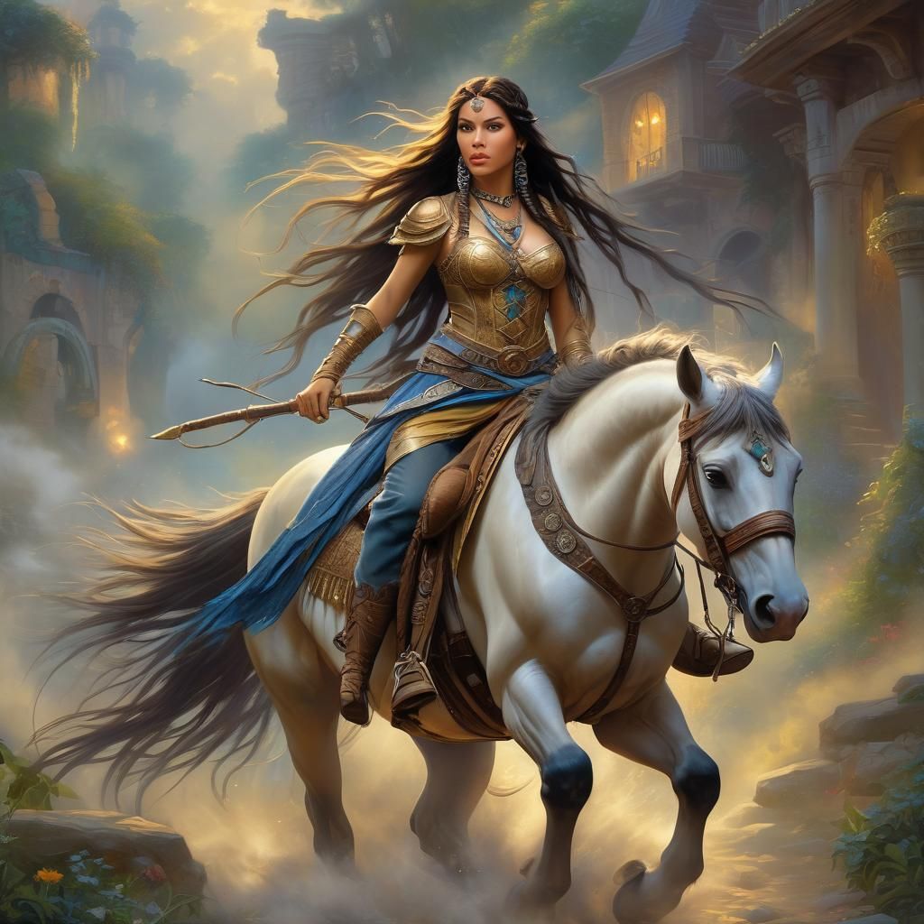 Beautiful female Latino warrior on her gorgeous horse
