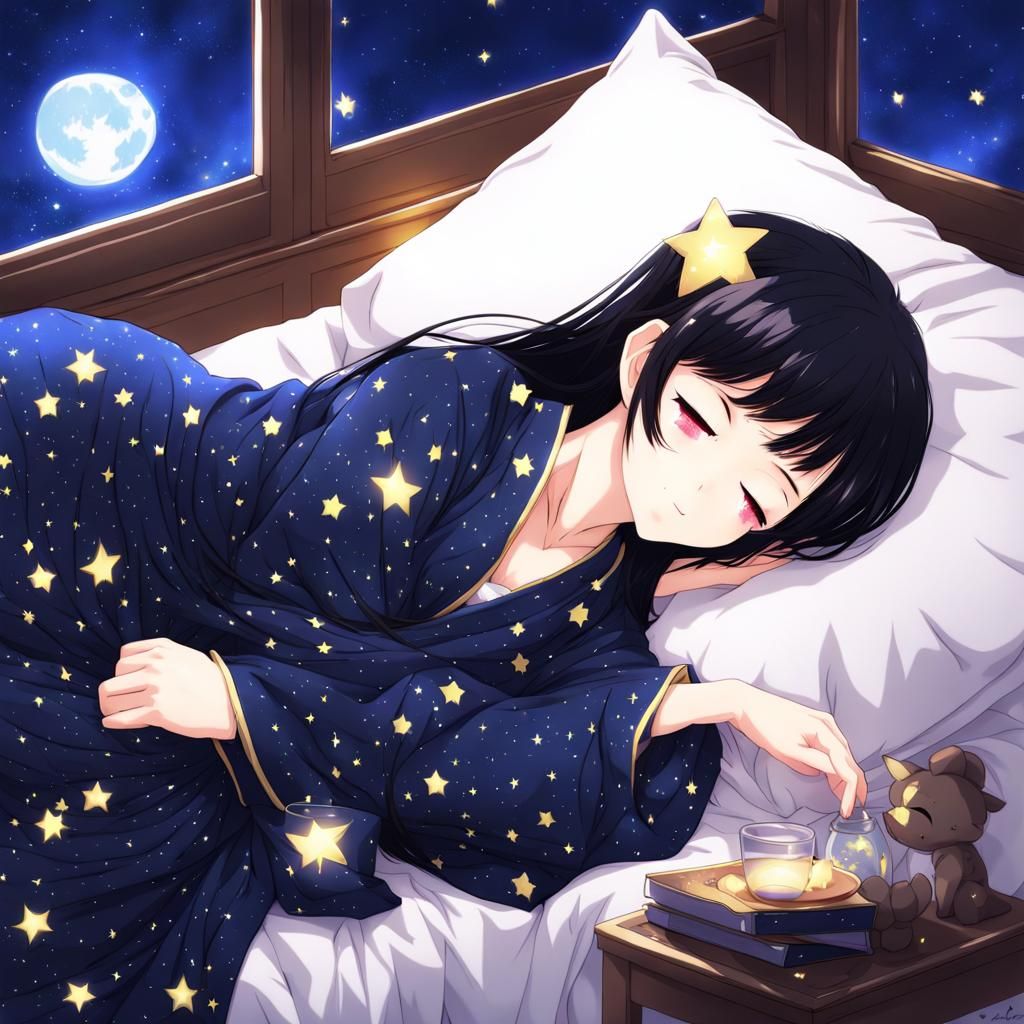 Sleeping Girl in Starry Night Anime Style