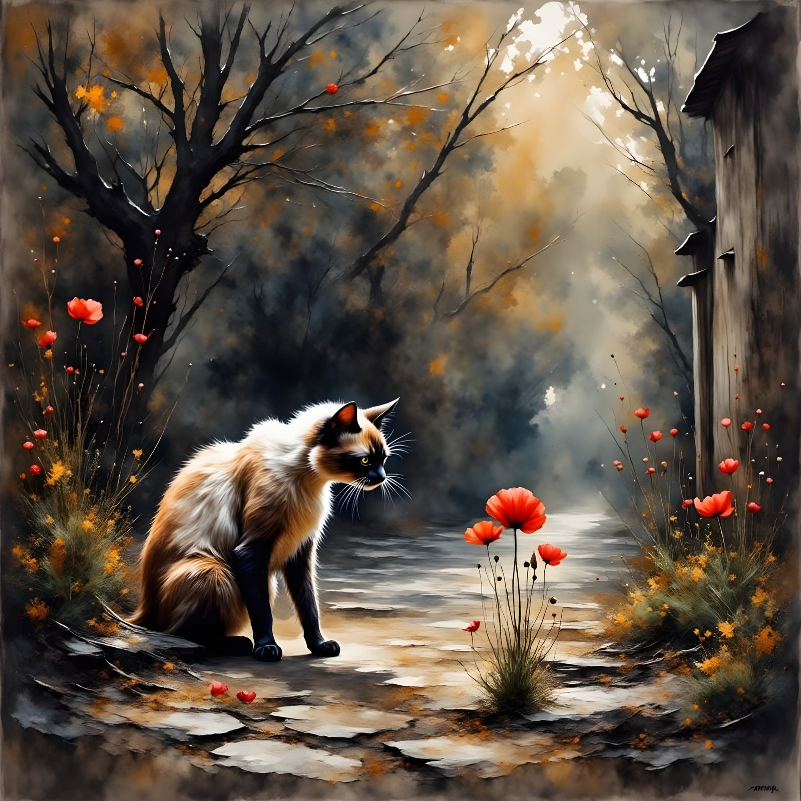 Siamese Cat Gazes at Poppy Among Cobblestones in Grungy Oil ...