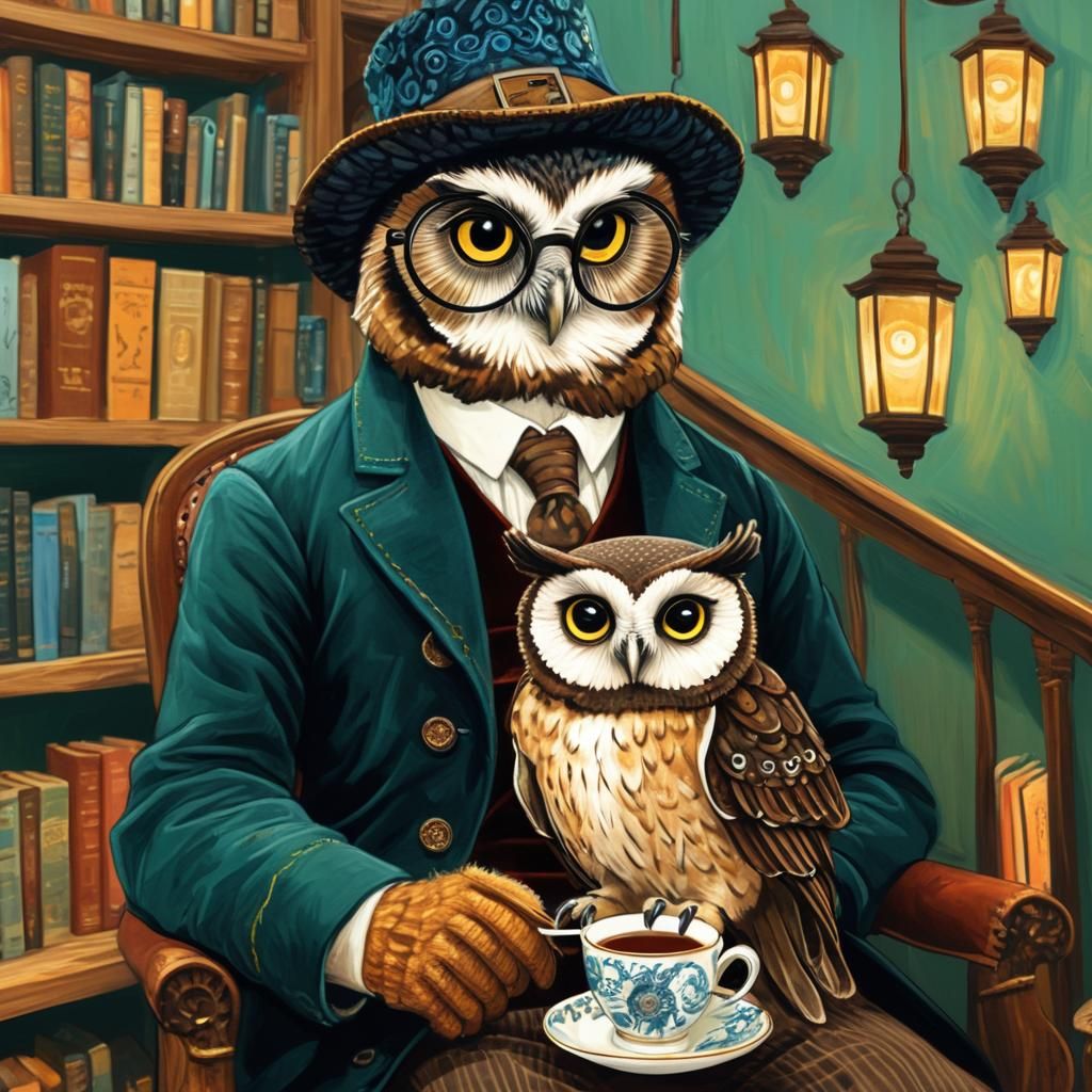 Owl Sipping Tea in Bookstore, Dutch Masters Style
