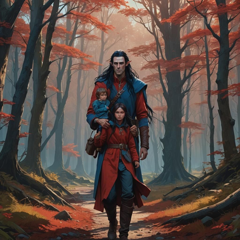 A tall male elf,with very long black hair, blue eyes, wearin...