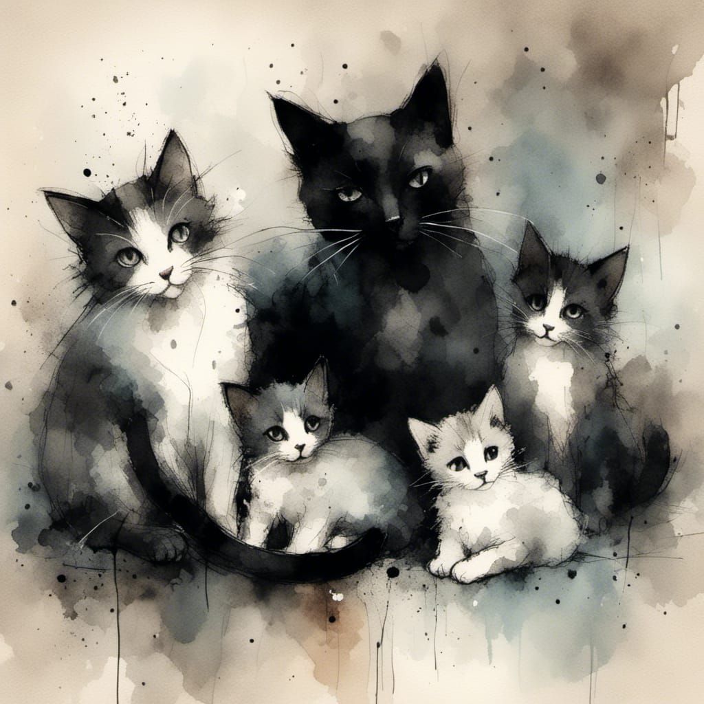 Mother Cat Nursing Kittens in Charcoal and Ink Style