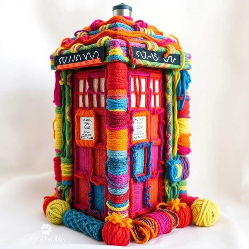 Colorful Yarn TARDIS Sculpture in Fiber Art Style