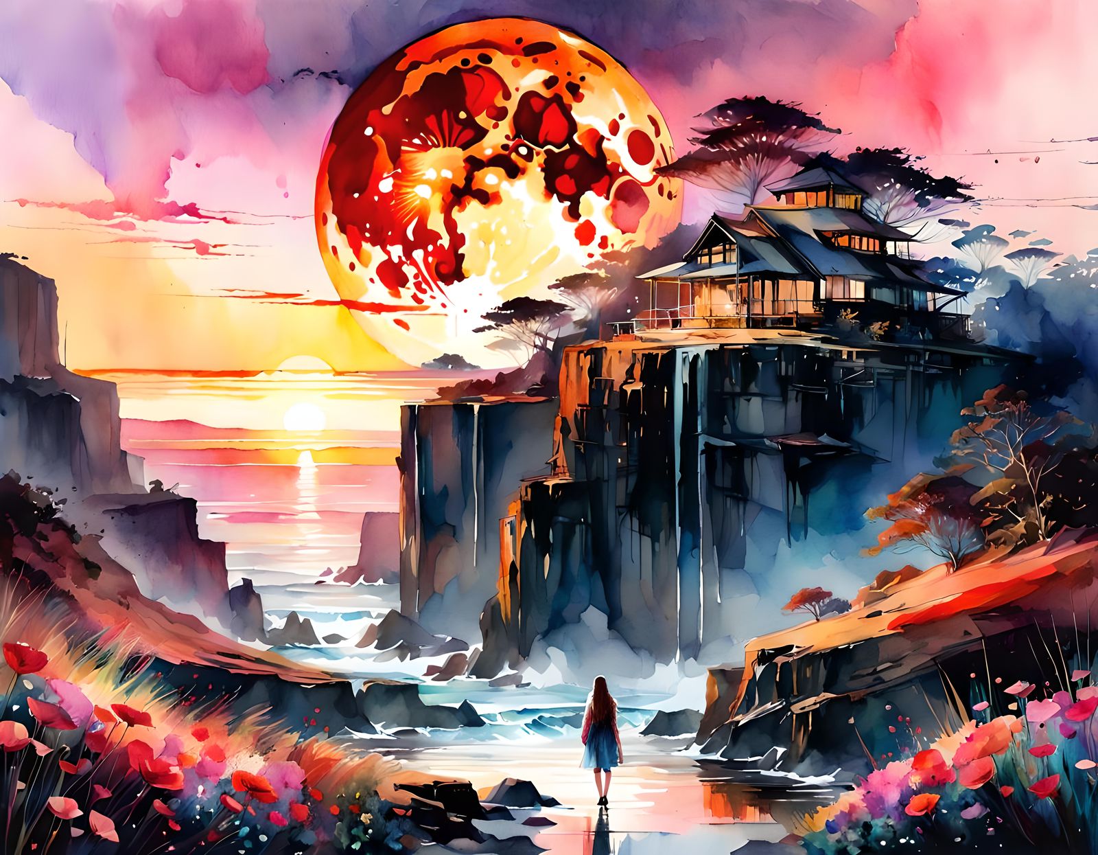 Blood Moon Summerscape in Watercolor Style