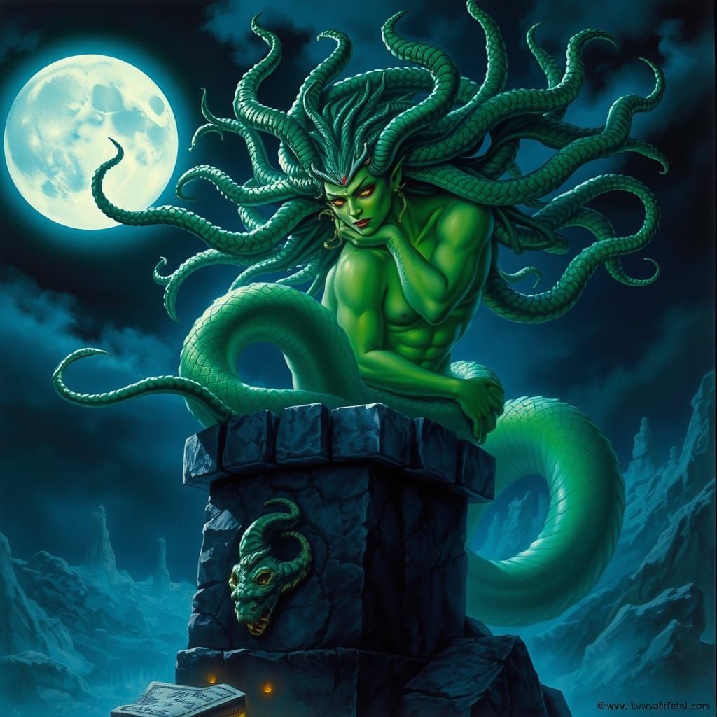 Green Medusa on Altar Under Moonlight in Fantasy Art Style