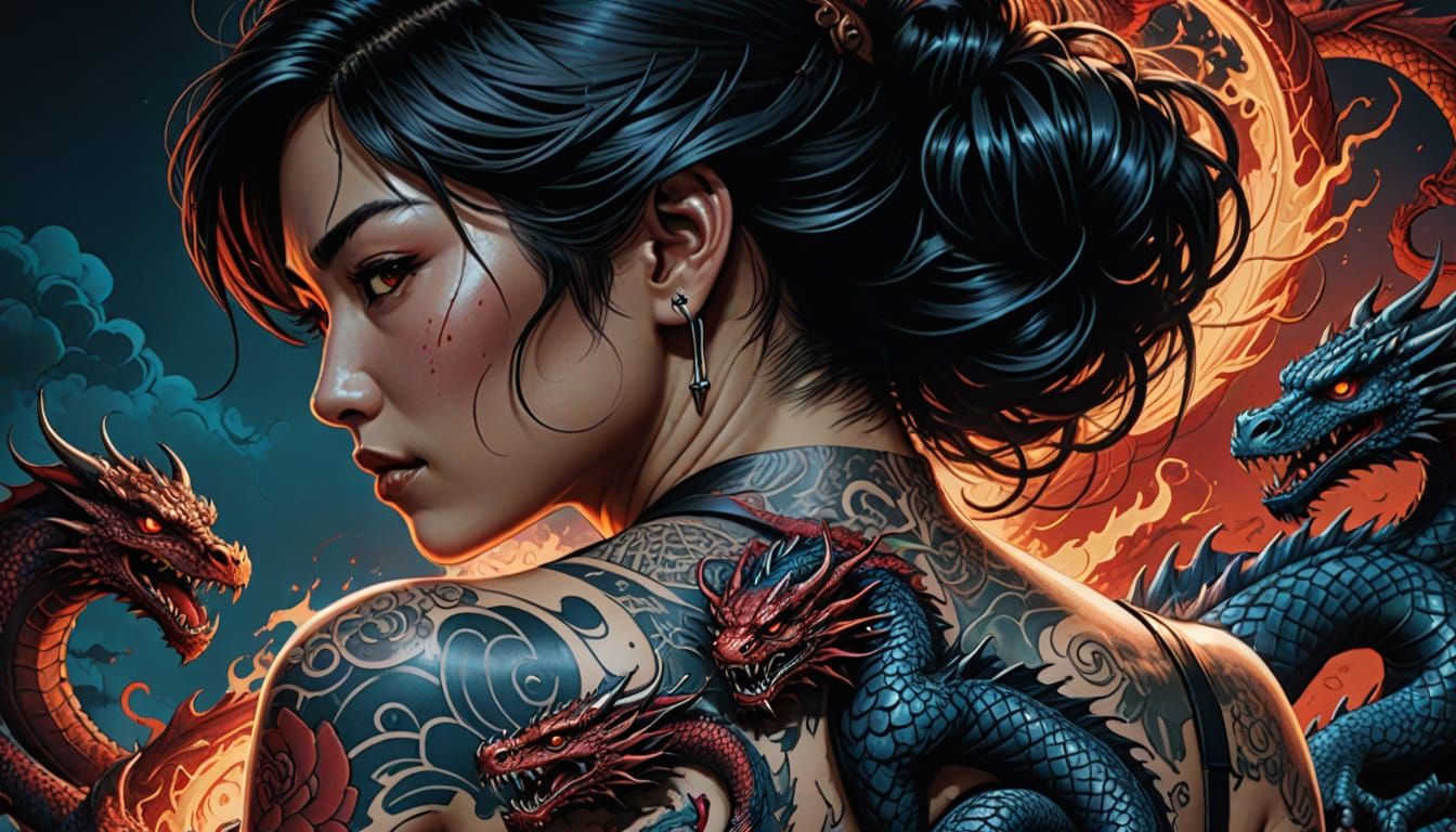 Beautiful Japanese Woman with Dragon Tattoo in Comic Art