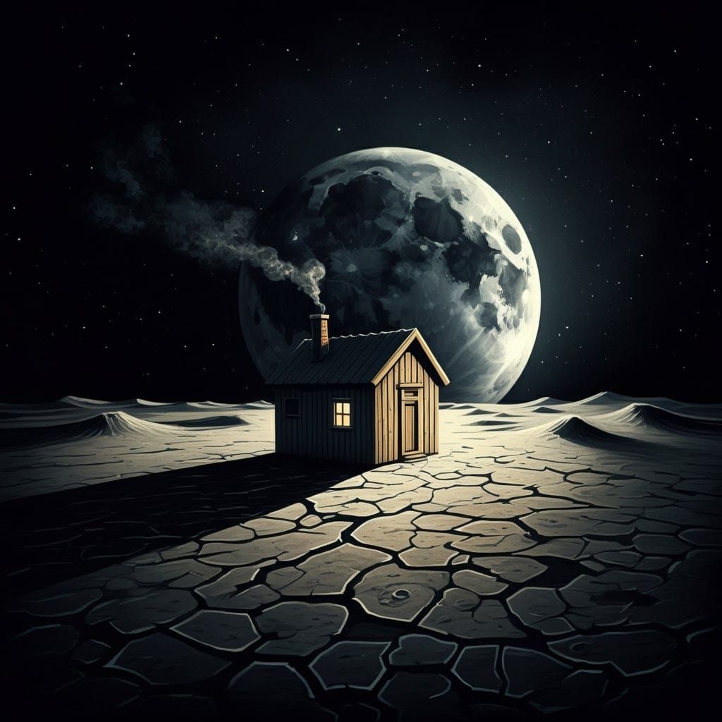 High Contrast Linocut House on the Moon