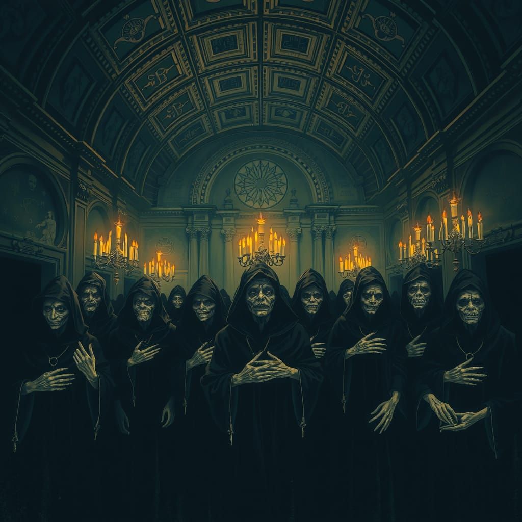 Mysterious Gathering of Dark Figures in an Ornate Chamber