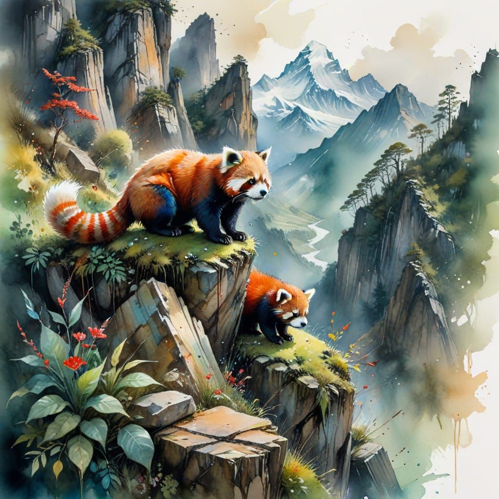 Tibetan Monastery Amidst Rugged Peaks in Whimsical Watercolo...