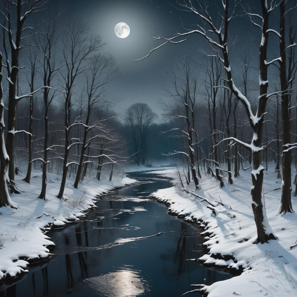 Dark Snowy Forest with Bare Trees and Moon